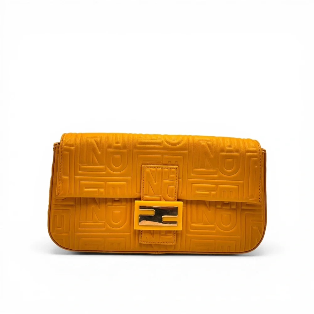 Fendi Yellow Embossed Zucca Leather Baguette Shoulder Bag Silver Hardware - Picture 1 of 12